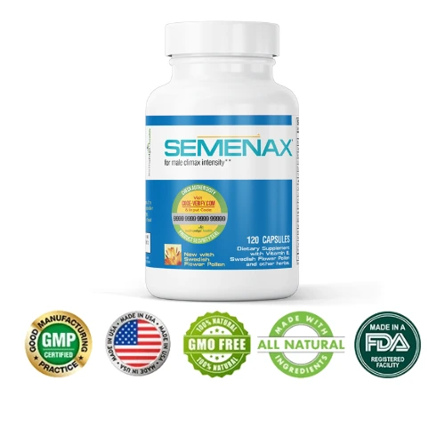 Semenax Supplement-Flasche mit Qualitätszertifizierungsplaketten